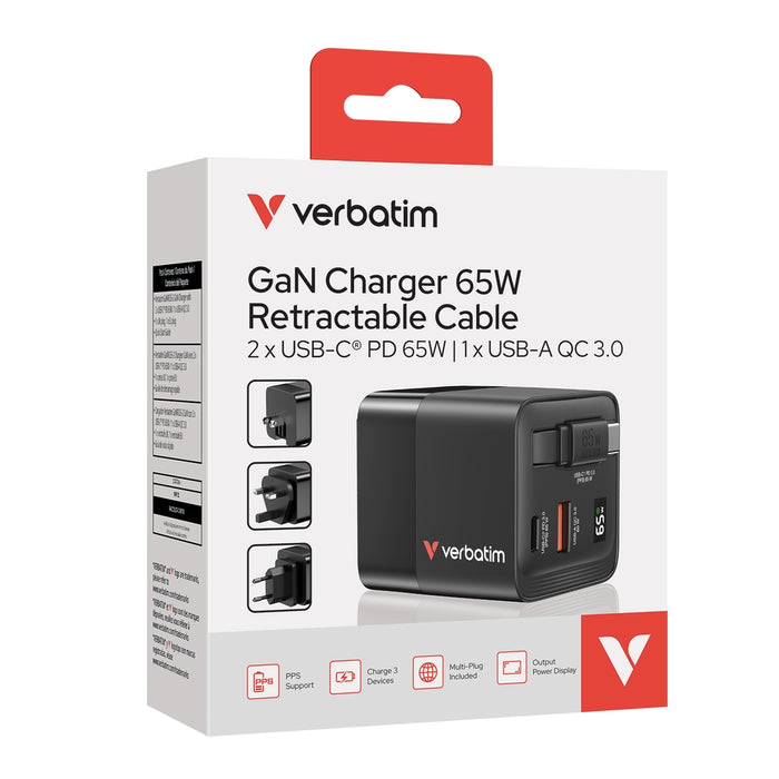 Verbatim Mini GaN Charger 65W 2 порта, прибиращ се кабелен дисплей, щепсели за САЩ с адаптери за ЕС и Обединеното кралство