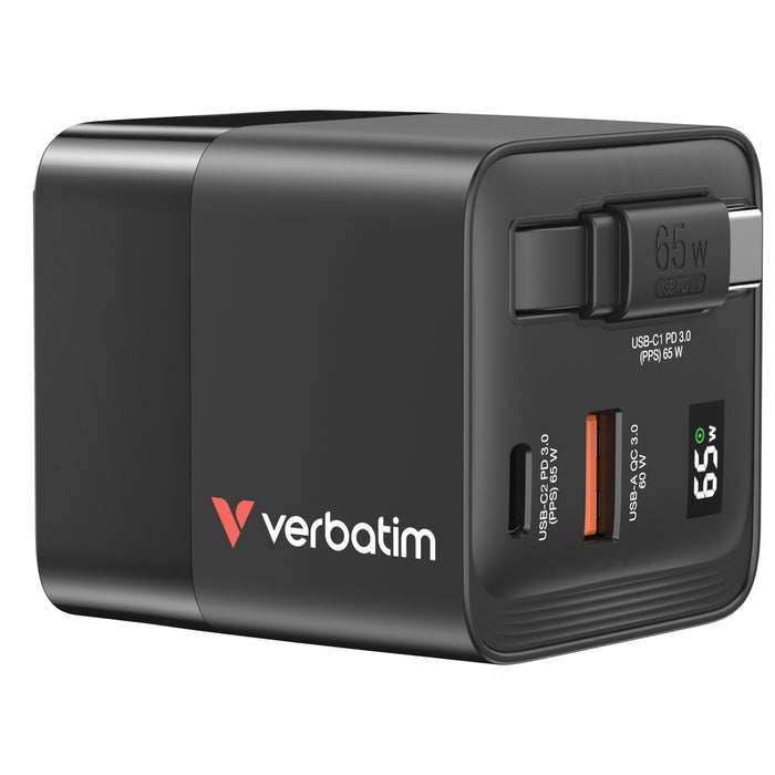 Verbatim Mini GaN Charger 65W 2 порта, прибиращ се кабелен дисплей, щепсели за САЩ с адаптери за ЕС и Обединеното кралство