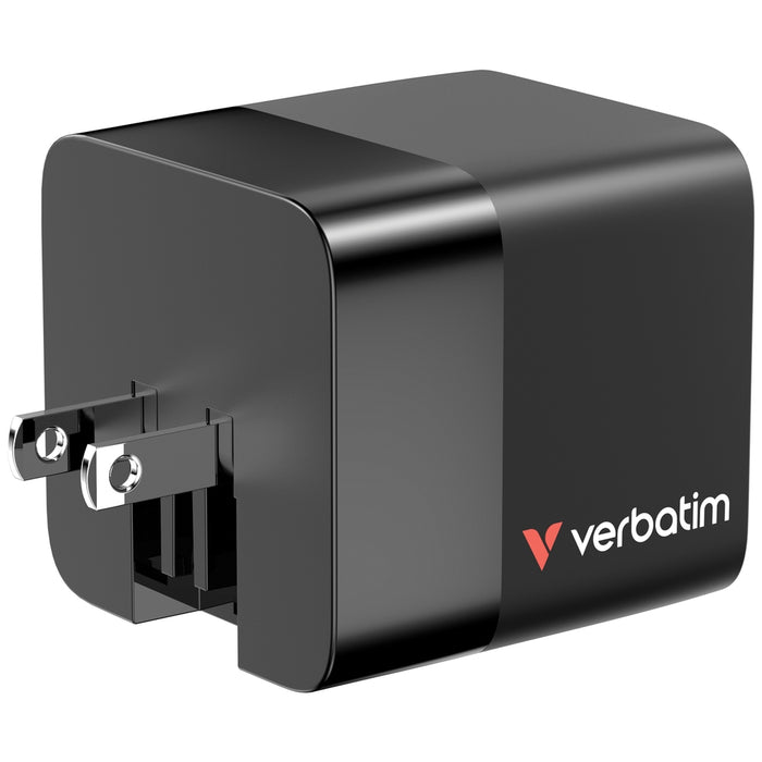 Verbatim Mini GaN Charger 65W 2 порта, прибиращ се кабелен дисплей, щепсели за САЩ с адаптери за ЕС и Обединеното кралство