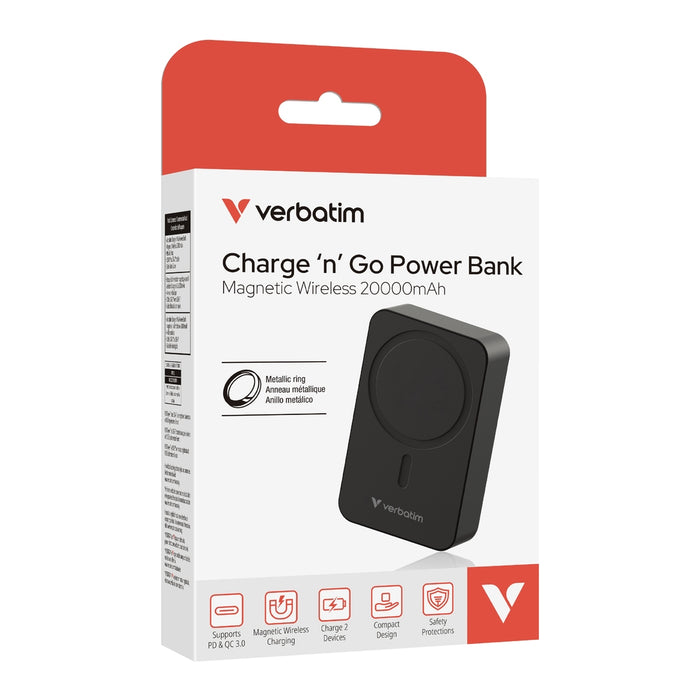 Verbatim Charge 'n' Go Essentials Преносима батерия Powerbank Magnetic Wireless 20000mAh Черен