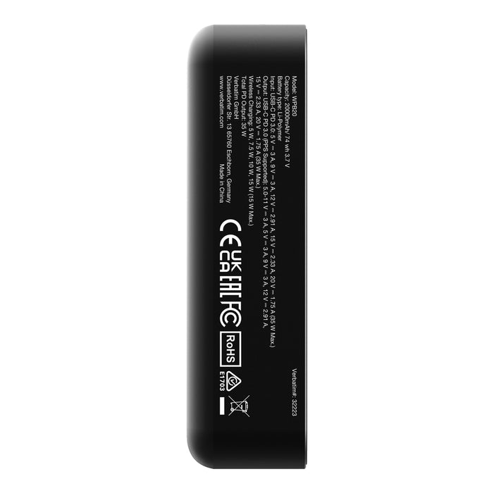Verbatim Charge 'n' Go Essentials Преносима батерия Powerbank Magnetic Wireless 20000mAh Черен