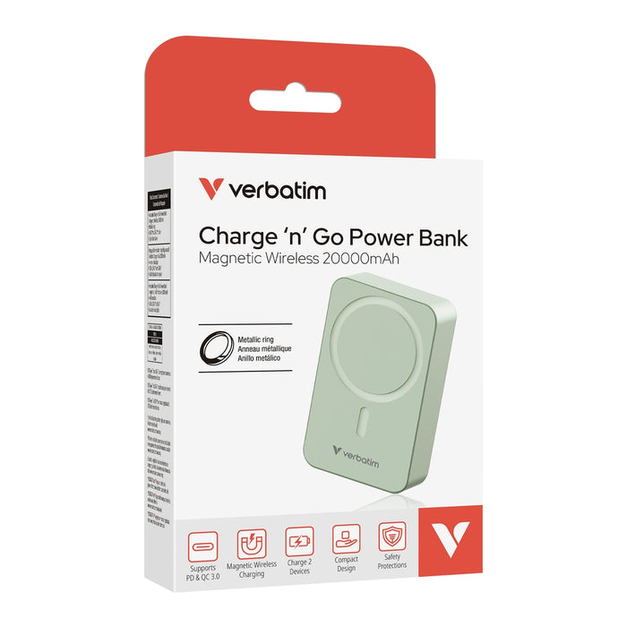 Verbatim Charge 'n' Go Essentials Преносима батерия Powerbank Магнитна безжична 20000mAh зелена