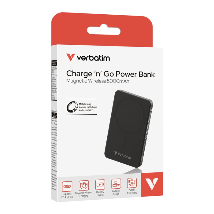 Verbatim Charge 'n' Go Essentials Преносима батерия Powerbank Magnetic Wireless 5000mAh Черен