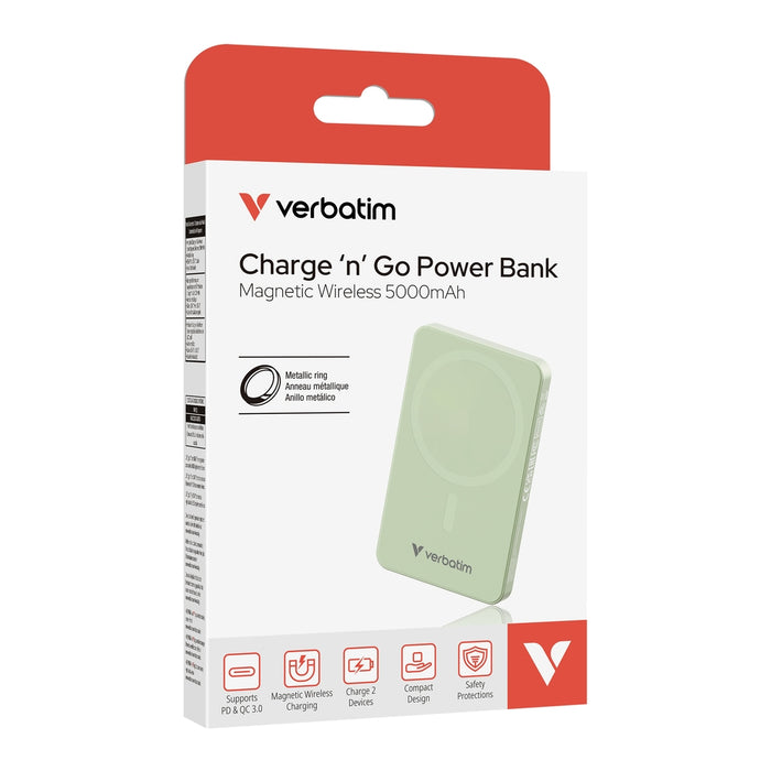 Verbatim Charge 'n' Go Essentials Преносима батерия Powerbank Магнитна безжична 5000mAh зелена