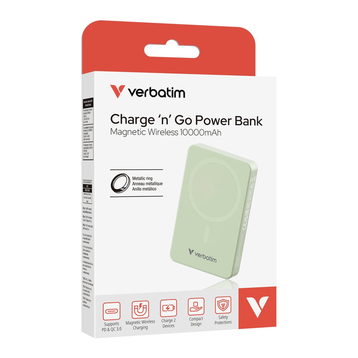 Verbatim Charge 'n' Go Essentials Преносима батерия Powerbank Магнитна безжична 10000mAh зелена