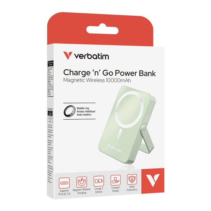 Verbatim Charge 'n' Go Преносима батерия Powerbank със стойка Магнитна безжична 10000mAh зелена