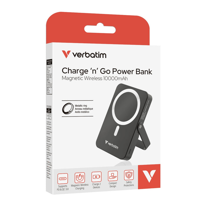 Verbatim Charge 'n' Go Преносима батерия Powerbank с магнитна безжична стойка 10000mAh Черен