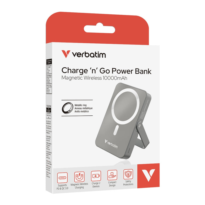 Verbatim Charge 'n' Go Преносима батерия Powerbank с магнитна безжична стойка 10000mAh сива