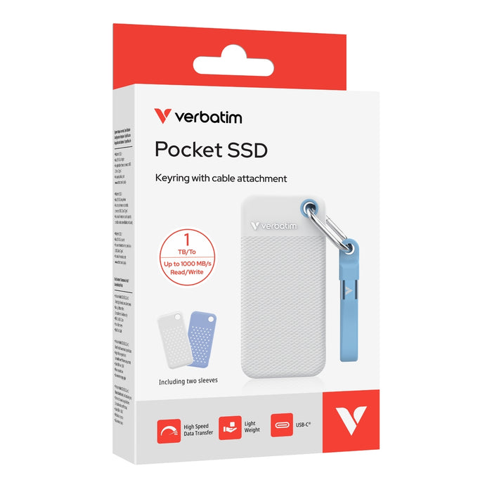 Verbatim Pocket SSD USB 3.2 Gen 2 1TB бяло/светло синьо вкл. два гумени маншета