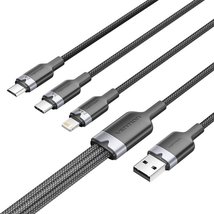 USB 2.0 A мъжки към 3-в-1 USB-C, Lightning и Micro-B мъжки кабел Vention 3A CTPBG 1.5m