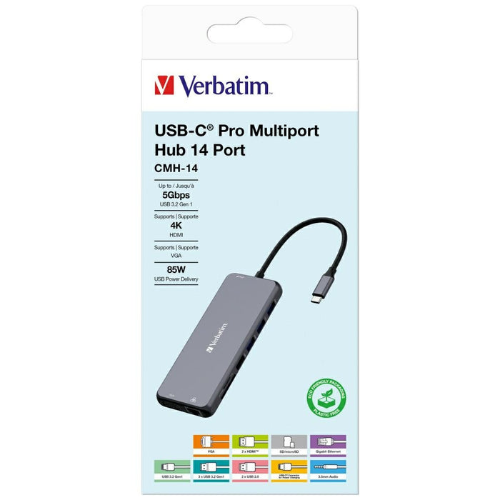 Адаптер Hub Verbatim 32154 с USB-C/USB-A/Ethernet/HDMI/Jack 3.5mm/SD, алуминиев