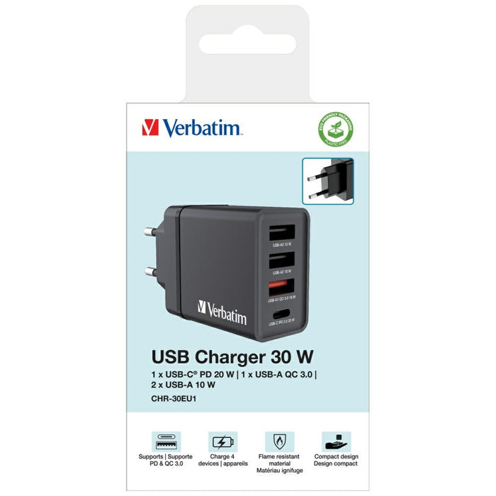 Зарядно Verbatim 30W PD 3.0, черно