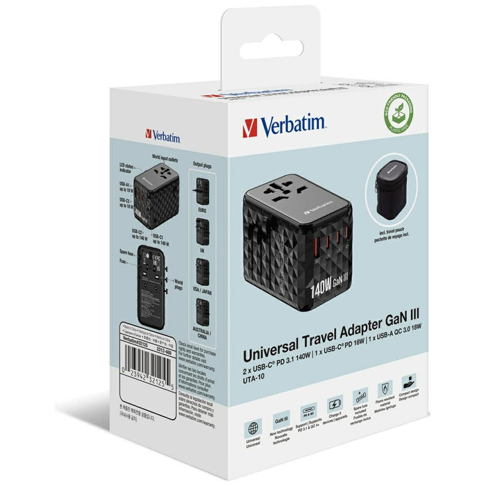 Адаптер Verbatim 32125 EU/UK/US GaN USB-C/USB-A PD, черен