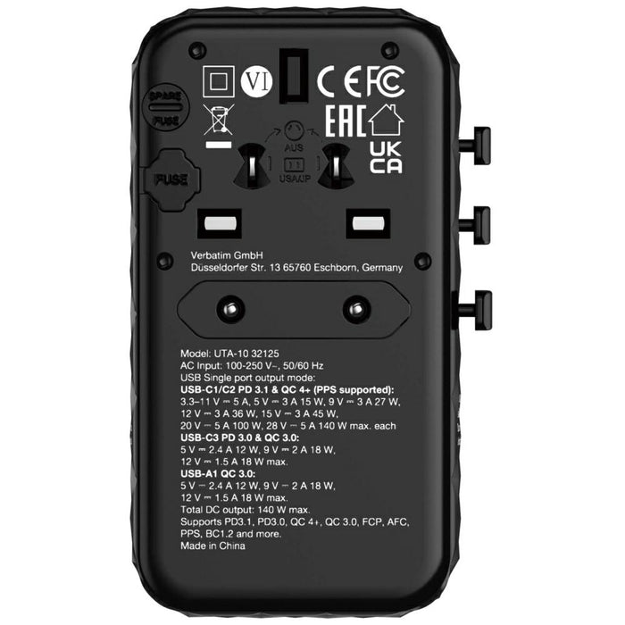 Адаптер Verbatim 32125 EU/UK/US GaN USB-C/USB-A PD, черен