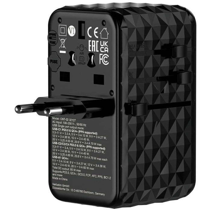 Зарядно Verbatim Adapter подорожно EU/UK/US GaN PD 85W, черно