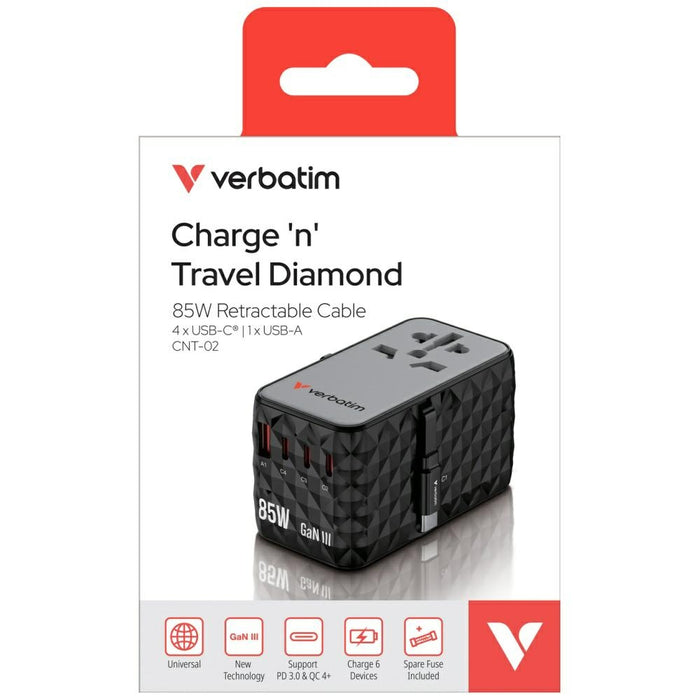 Зарядно Verbatim Adapter подорожно EU/UK/US GaN PD 85W, черно