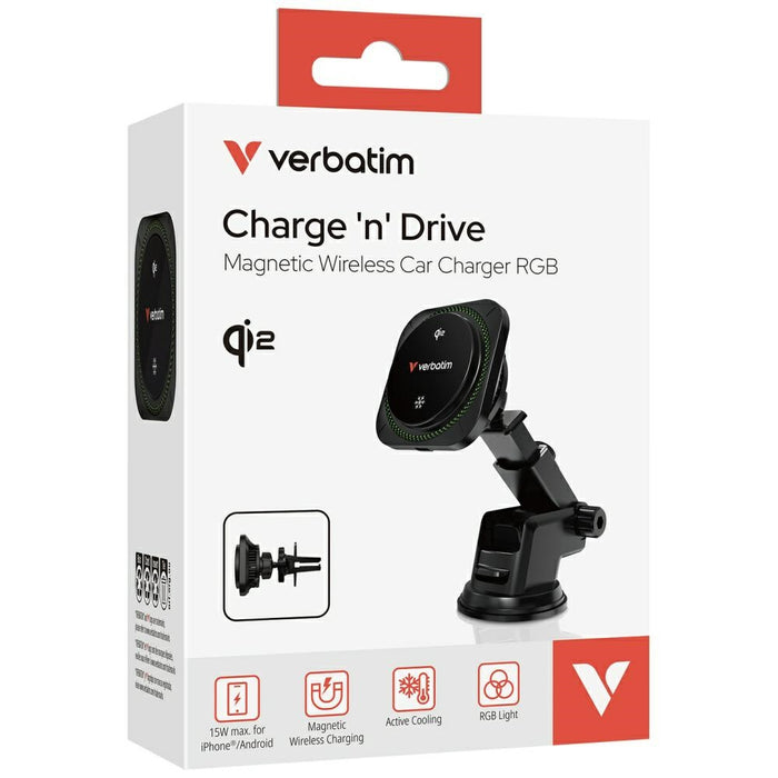Автомобилен держач Verbatim n Drive Qi2 15W RGB с безжична зарядка, черен