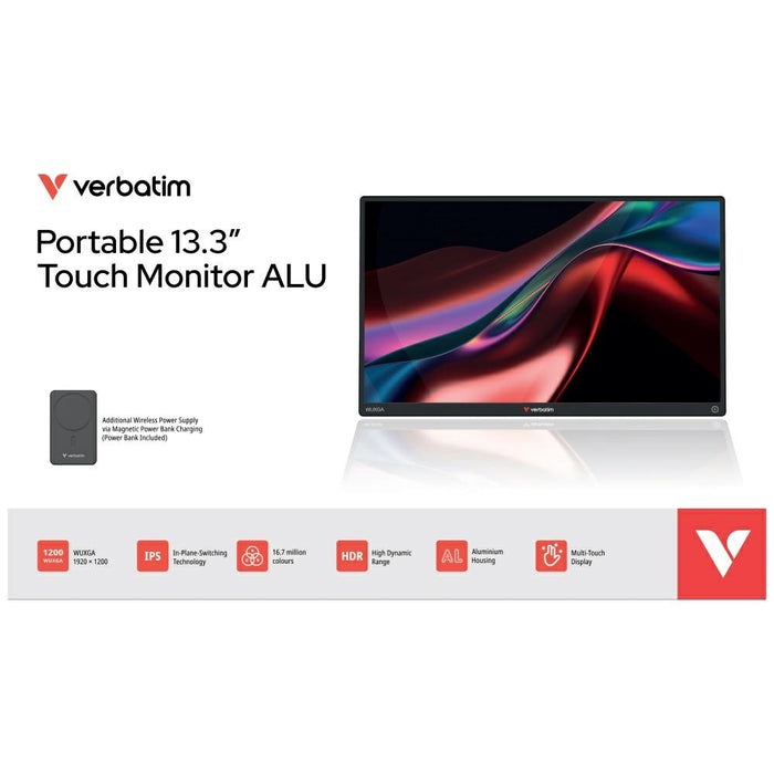 Преносим сензорен монитор Verbatim ALU 13.3" WUXGA с powerbank 5000mAh, черен 32087