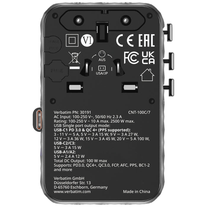 Зарядно Verbatim Adapter подорожно EU/UK/US GaN PD, черен 30191