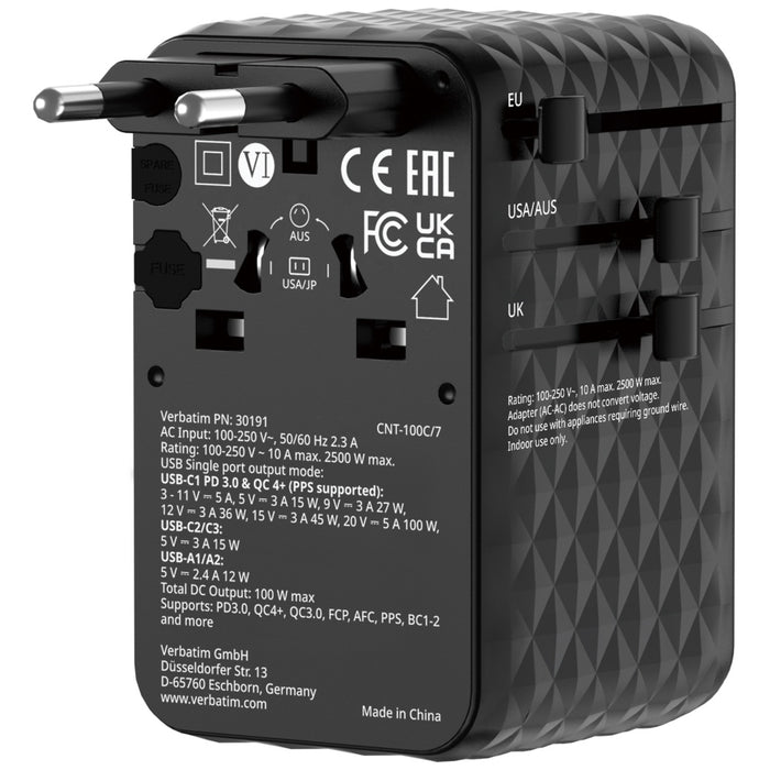 Зарядно Verbatim Adapter подорожно EU/UK/US GaN PD, черен 30191