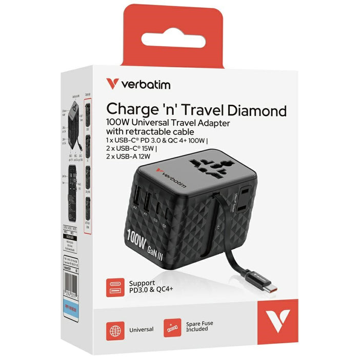 Зарядно Verbatim Adapter подорожно EU/UK/US GaN PD, черен 30191