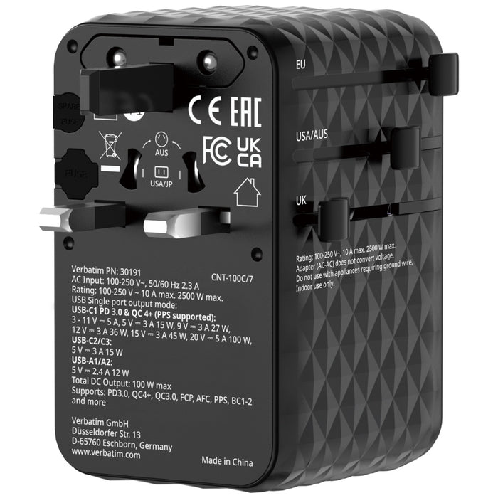 Зарядно Verbatim Adapter подорожно EU/UK/US GaN PD, черен 30191