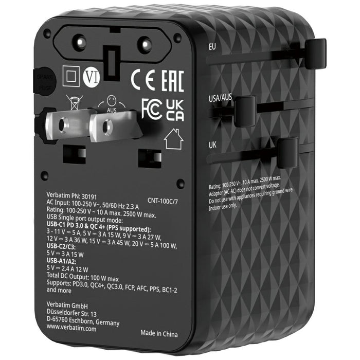 Зарядно Verbatim Adapter подорожно EU/UK/US GaN PD, черен 30191