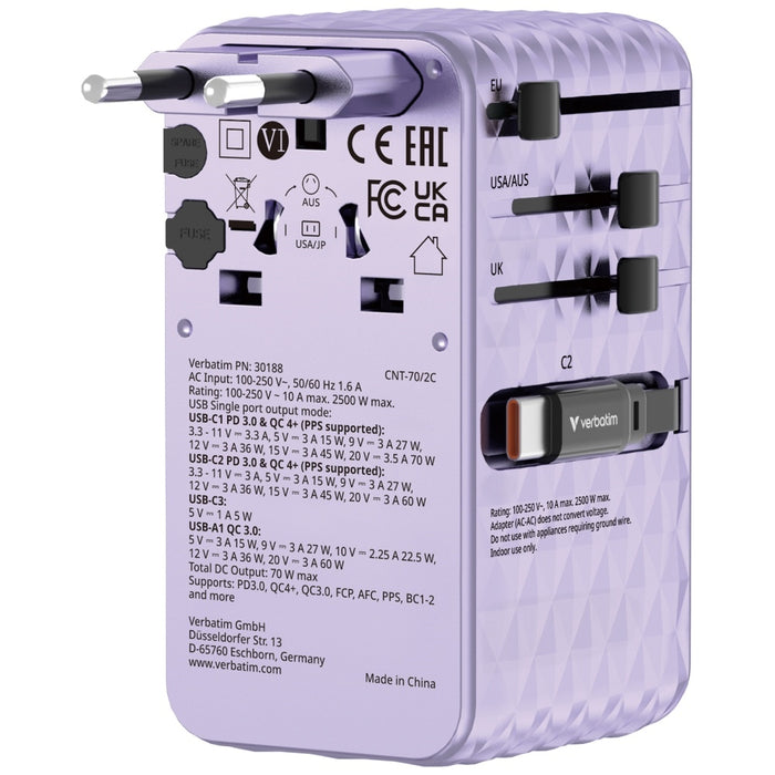 Адаптер Verbatim 30188 EU/UK/US GaN PD 70W, лилав