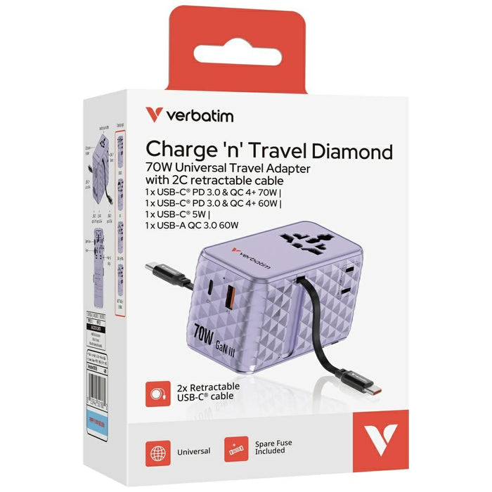 Адаптер Verbatim 30188 EU/UK/US GaN PD 70W, лилав