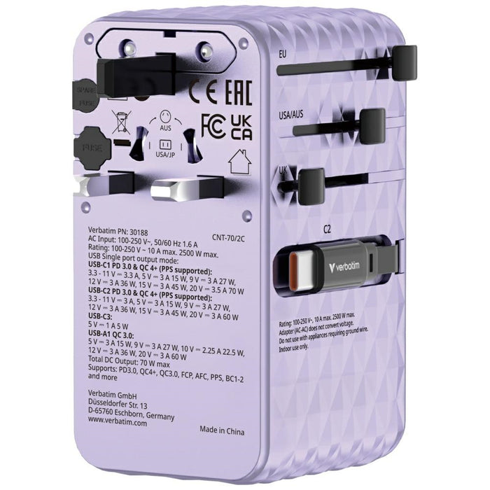 Адаптер Verbatim 30188 EU/UK/US GaN PD 70W, лилав