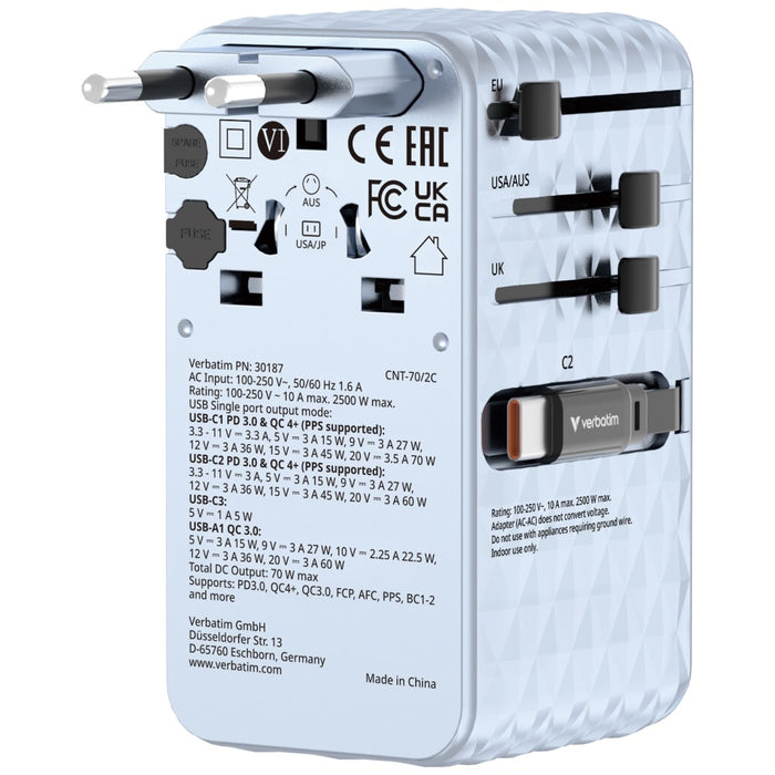 Адаптер Verbatim 30187 EU/UK/US GaN PD 70W, син
