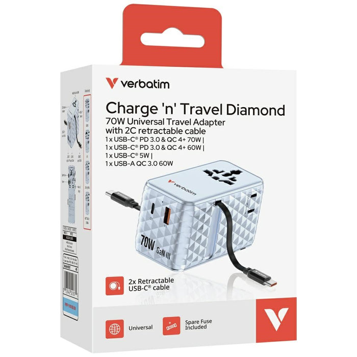 Адаптер Verbatim 30187 EU/UK/US GaN PD 70W, син