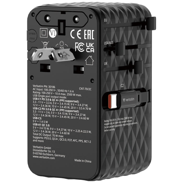 Адаптер Verbatim 30186 EU/UK/US GaN PD 70W, черен