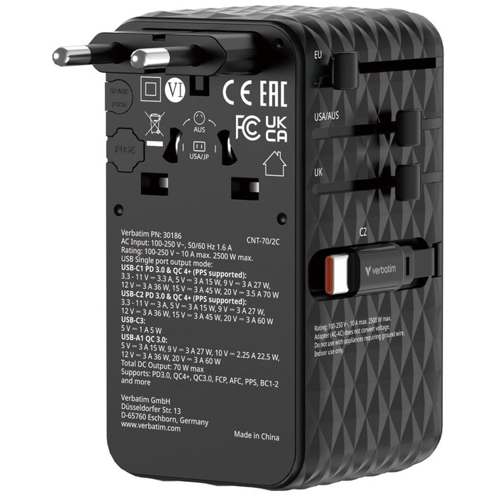 Адаптер Verbatim 30186 EU/UK/US GaN PD 70W, черен