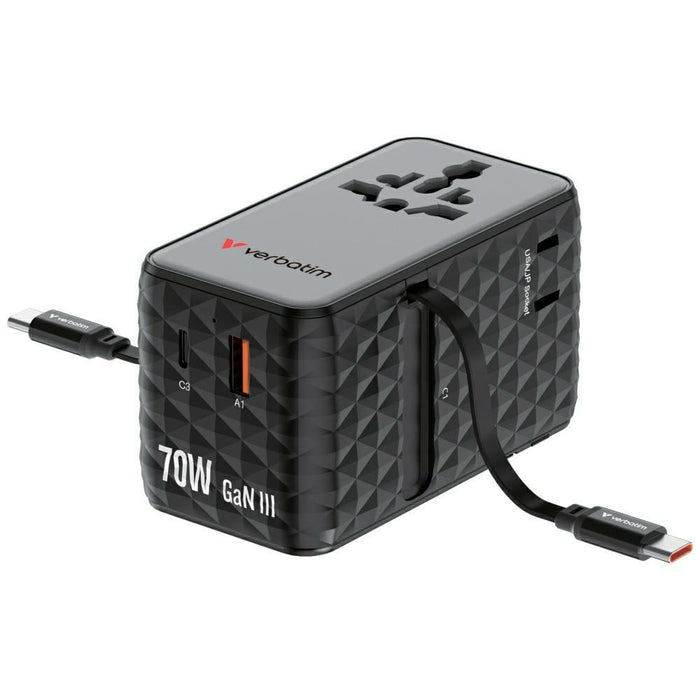 Адаптер Verbatim 30186 EU/UK/US GaN PD 70W, черен