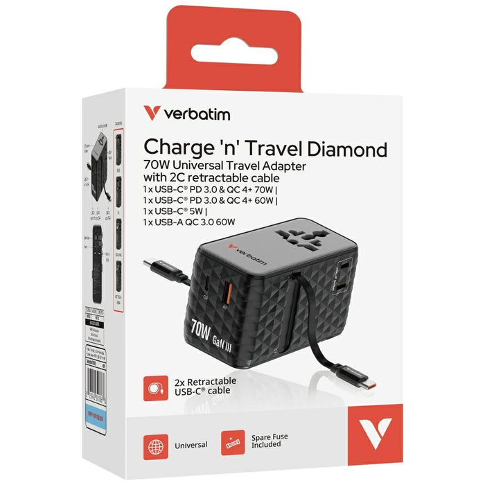 Адаптер Verbatim 30186 EU/UK/US GaN PD 70W, черен
