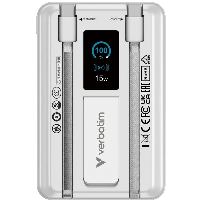 Powerbank Verbatim Charge n Go с магнитна безжична основка, TFT дисплей, сребрист