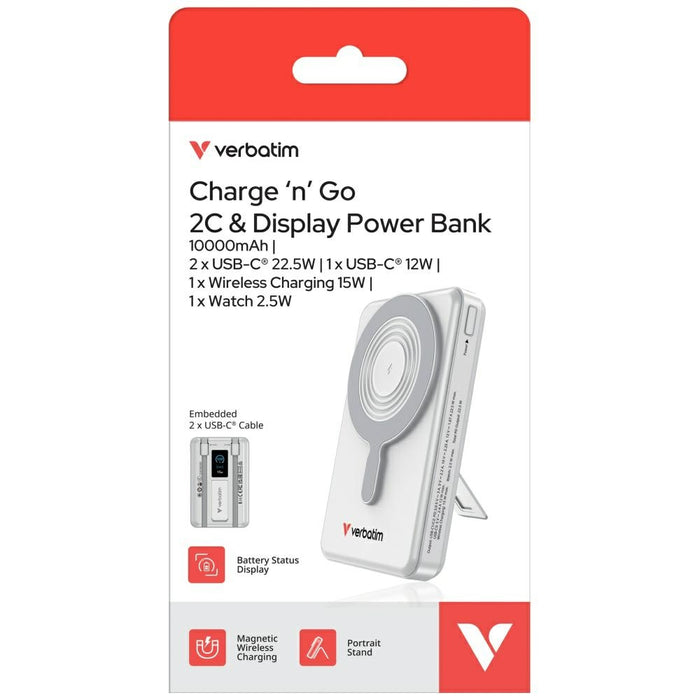 Powerbank Verbatim Charge n Go с магнитна безжична основка, TFT дисплей, сребрист