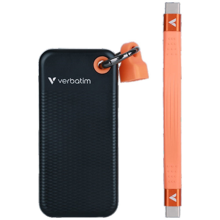 Външен SSD диск Verbatim Pocket 512GB с ключодържател и кабел USB 3.2 gen.2, черно-оранжев, 32285
