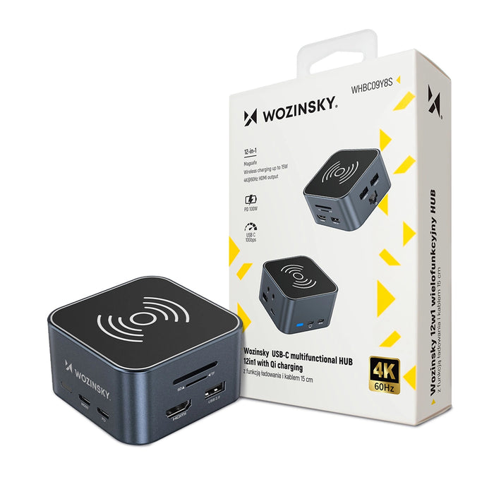 Хъб USB-C 12 в 1 Wozinsky WHBC09Y8S мултифункционален, с функция за безжично зареждане, алуминиев, с 15 см кабел - сив