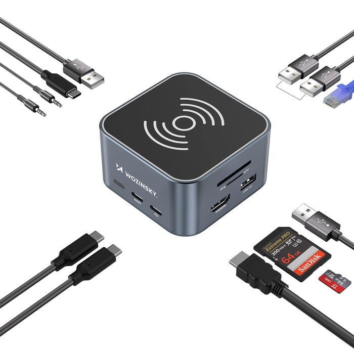 Хъб USB-C 12 в 1 Wozinsky WHBC09Y8S мултифункционален, с функция за безжично зареждане, алуминиев, с 15 см кабел - сив