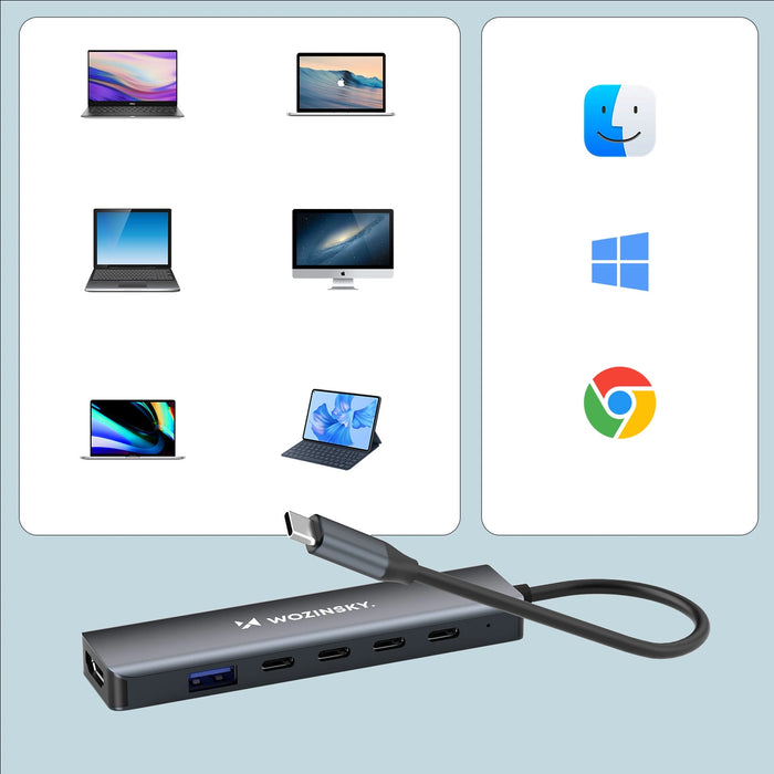 USB-C 6 в 1 хъб Wozinsky WHBC10Y4S мултифункционален, алуминиев, с 25 см кабел - сив