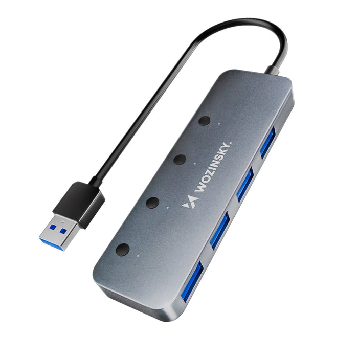 USB-A Хъб Wozinsky WHS080YSS 4 x USB-A 3.0 с индивидуални превключватели, алуминий, с 30 см кабел - сив