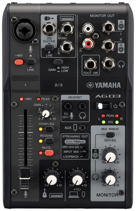Yamaha AG03 MK2 - 3-канален миксер за стрийминг на живо с USB аудио интерфейс, черен