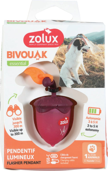 ZOLUX Bivouak Светеща висулка за нашийник Орех LED USB червено - етикет с адрес на куче - 6x4x3 cm