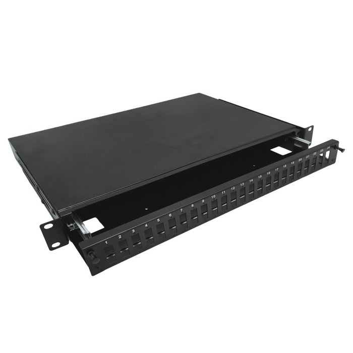 Alantec 24xSC дуплекс / 24xLC четворен 19" 1U телескопичен оптичен пач панел с монтажни аксесоари (уплътнения, кабелни връзки) (FOP-1U-24SCD-CP)