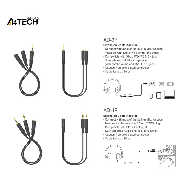 A4Tech Адаптер AD-3P 3.5mm жак мъжко - 2 х 3.5мм жак женско