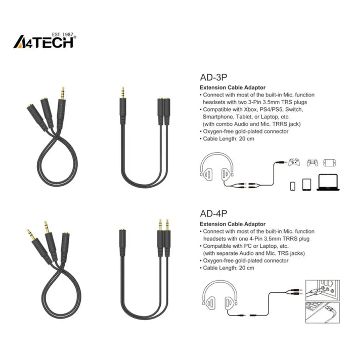 A4Tech Адаптер AD 3P 3.5mm жак мъжко 2 х 3.5мм жак женско