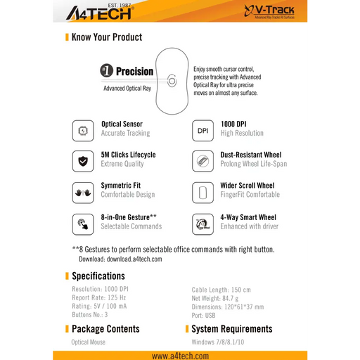 A4tech OP-330S Оптична мишка V-Track безшумен клик 1000