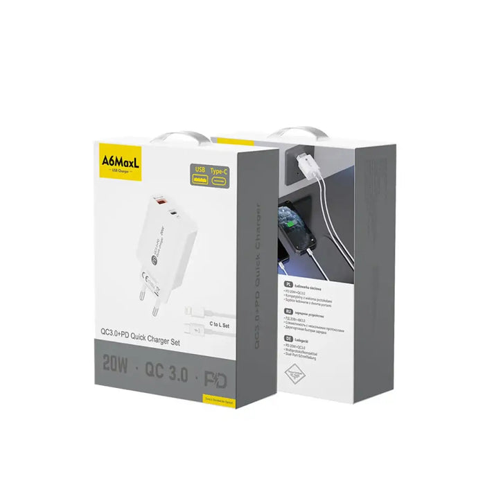 A6MaxL 20W USB-A USB-C стенно зарядно устройство с 1m USB-C
